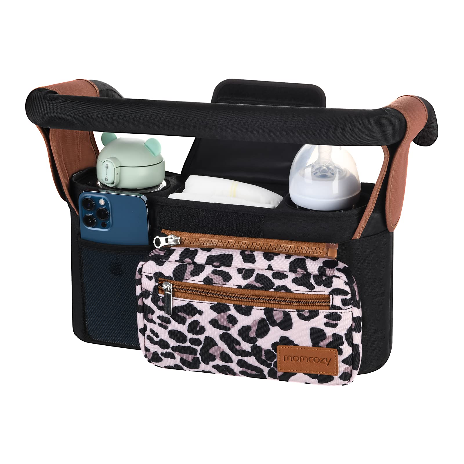 Momcozy universal stroller organizer with pacifier holder for on-the-go.