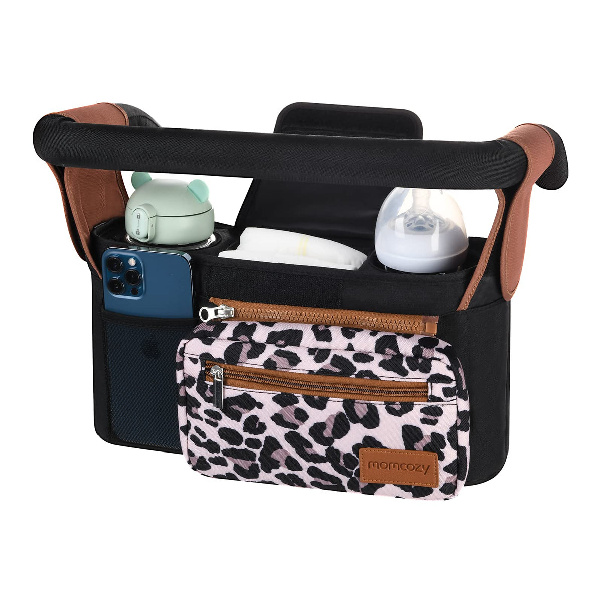 Momcozy universal stroller organizer with pacifier holder for on-the-go.