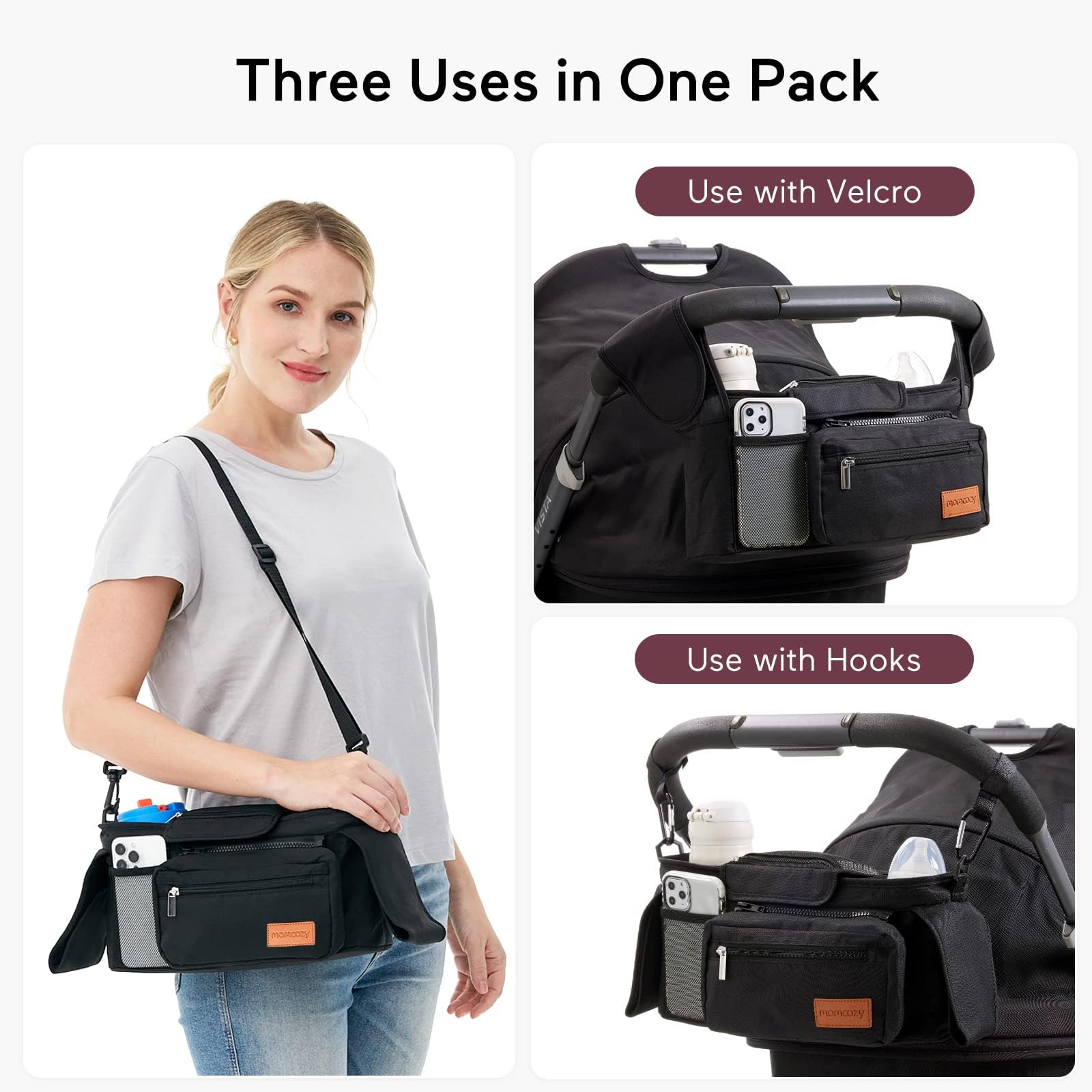 Momcozy organizer's shoulder strap enables crossbody convenience.
