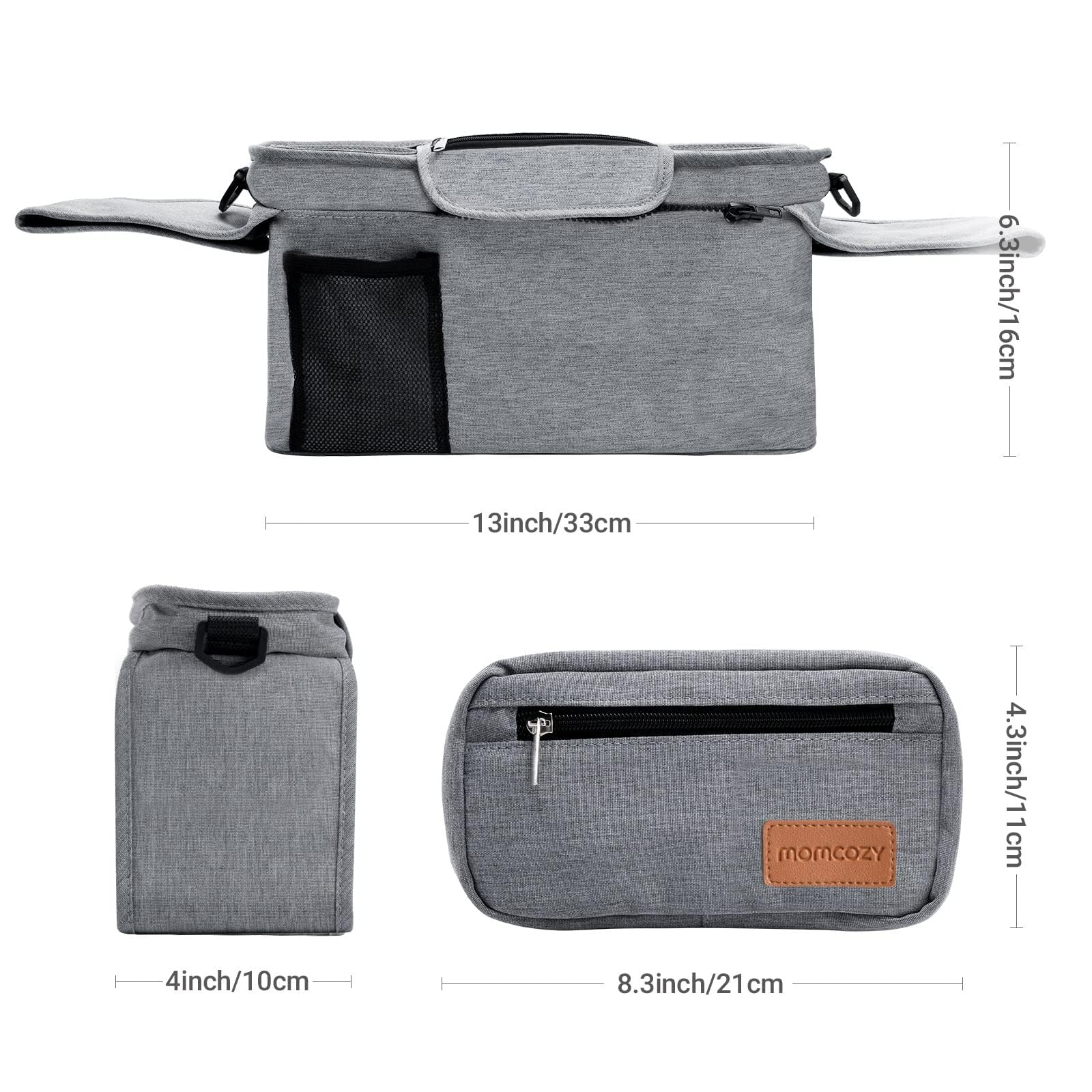 Momcozy stroller organizer with shoulder strap enables hands-free carry during errands.