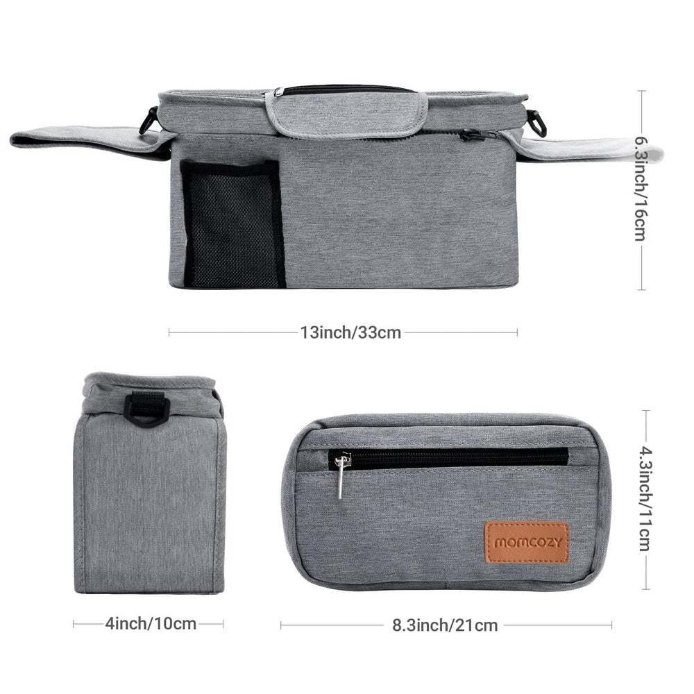 Momcozy stroller organizer with shoulder strap enables hands-free carry during errands.