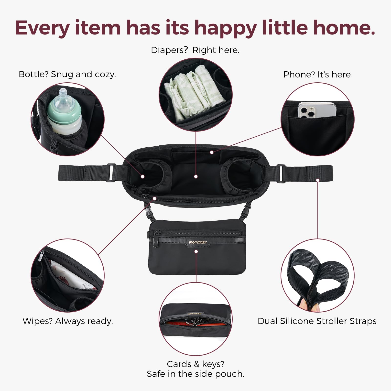 Momcozy silicone anti-slip straps secure the organizer to stroller bars for steady outings.