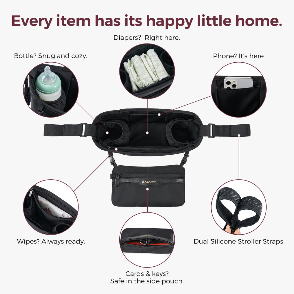 Momcozy silicone anti-slip straps secure the organizer to stroller bars for steady outings.
