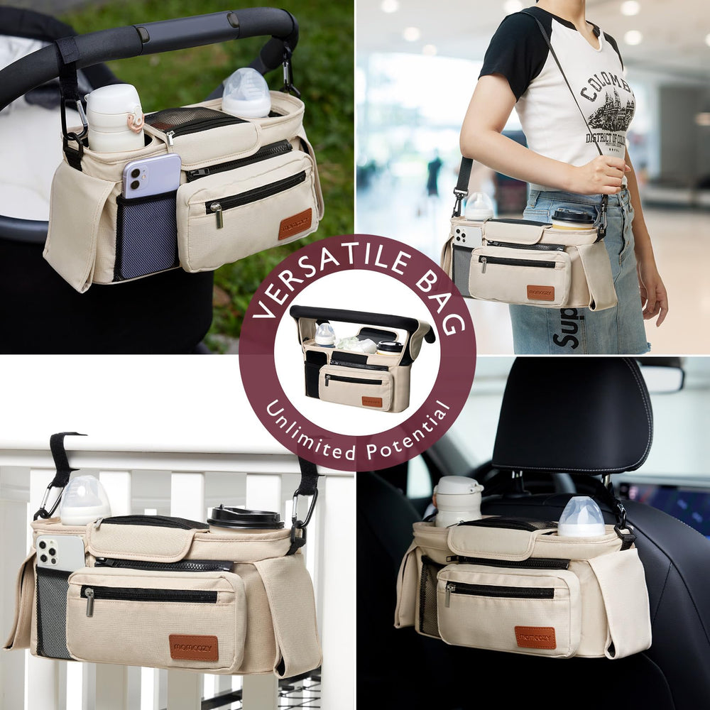 Momcozy universal stroller organizer features velcro attachment for quick, secure compatibility