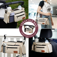 Momcozy universal stroller organizer features velcro attachment for quick, secure compatibility