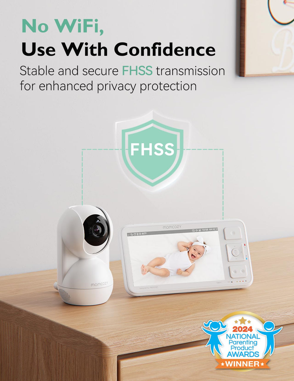 Momcozy Video Baby Monitor non-WiFi connection for private, safe monitoring.
