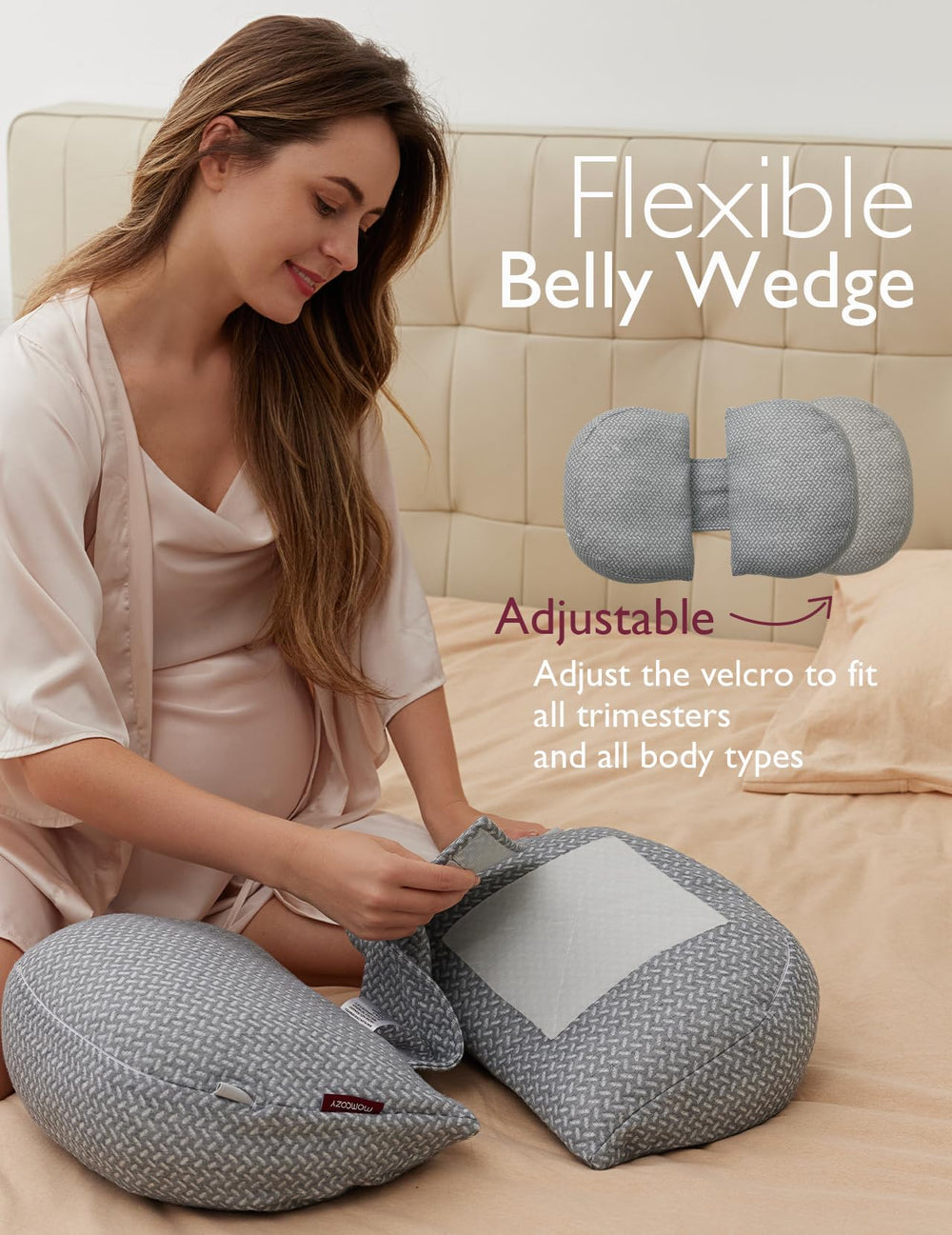 Momcozy W Shape pillow provides back and hip support during rest.