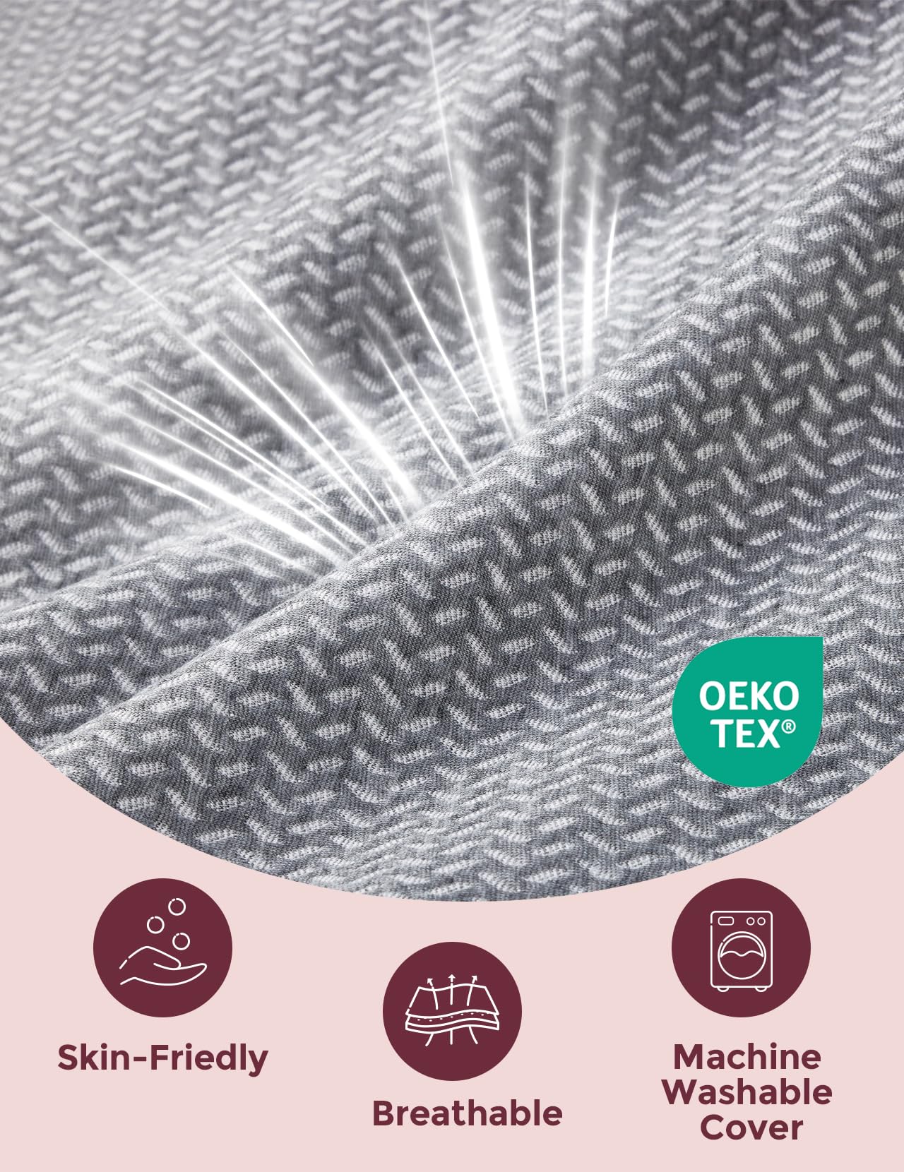Momcozy W Shape pillow in a bedroom setting for side-sleep comfort.