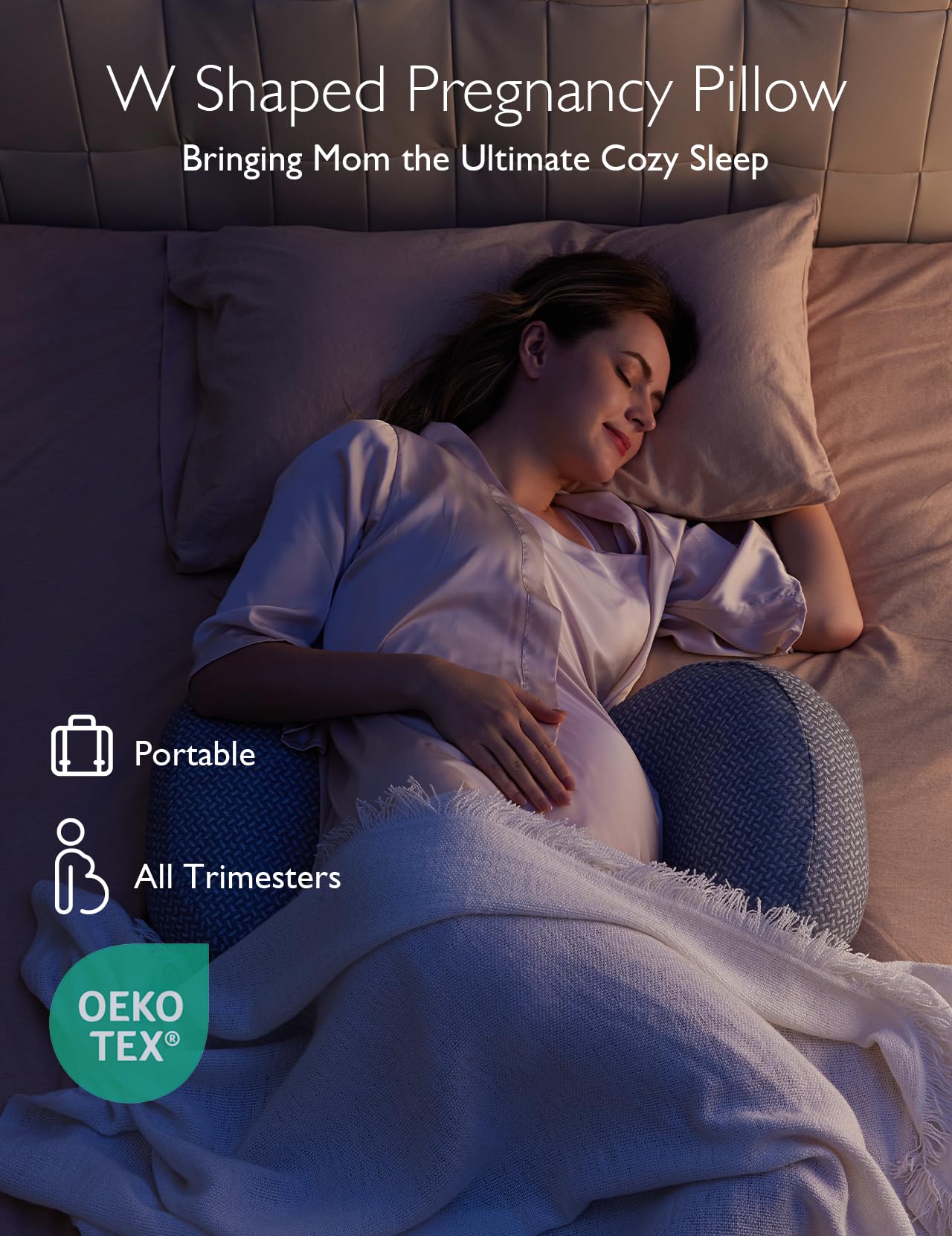 Momcozy W Shape pillow with adjustable belly wedge demonstrating customizable fit.