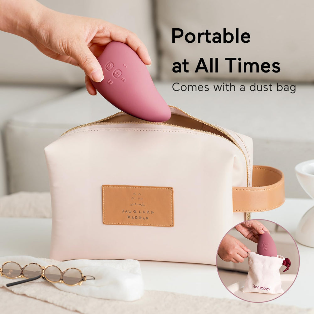 Momcozy warming lactation massager near shower use showcasing waterproof design for easy cleanup