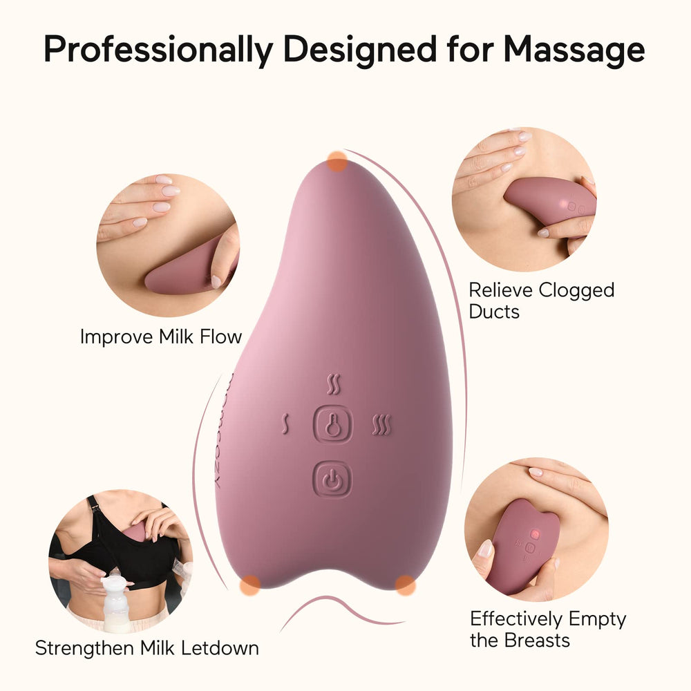 Momcozy warming lactation massager side view highlighting ergonomic shape for comfortable sessions