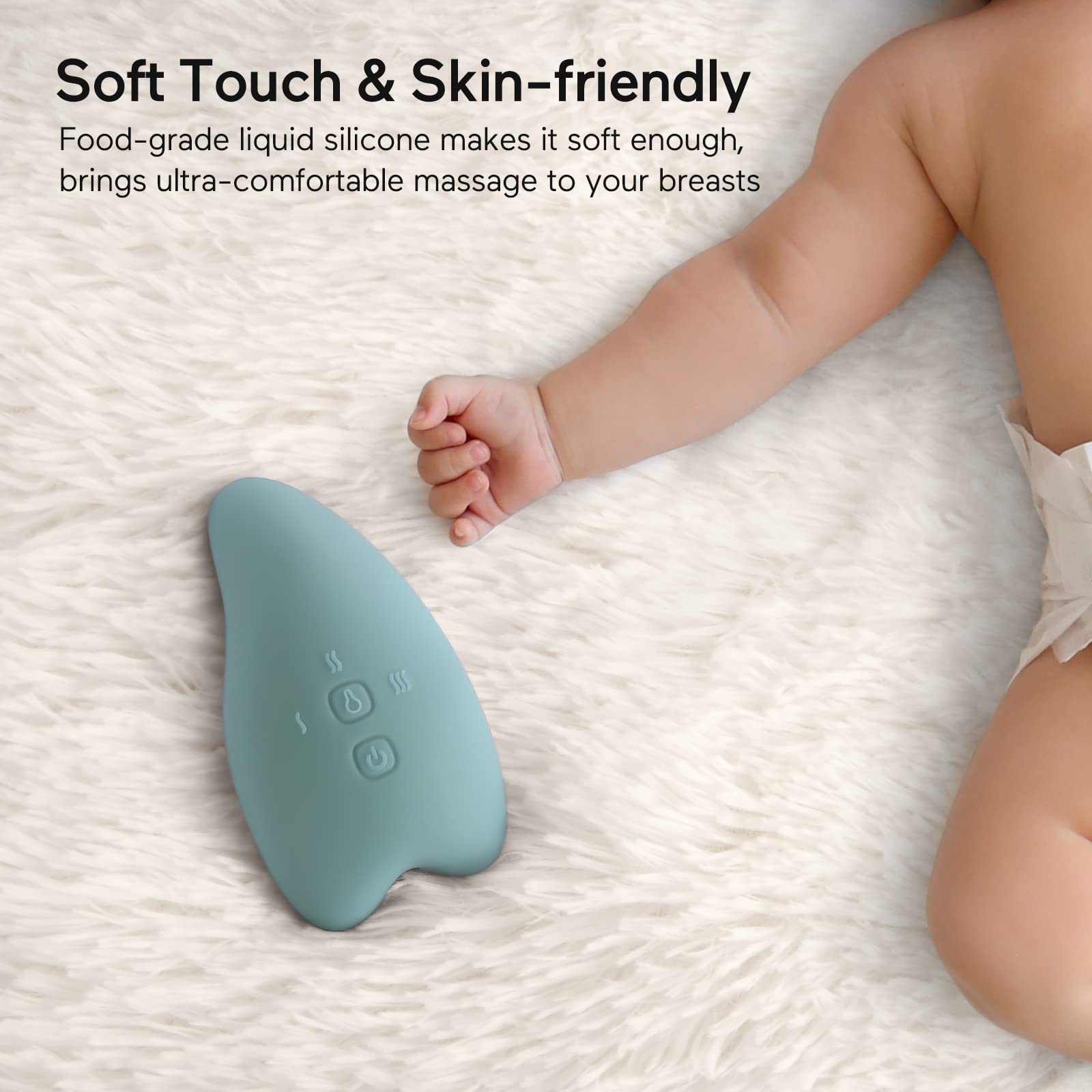 Momcozy massager heat mode illustration highlights rapid warming for engorgement comfort