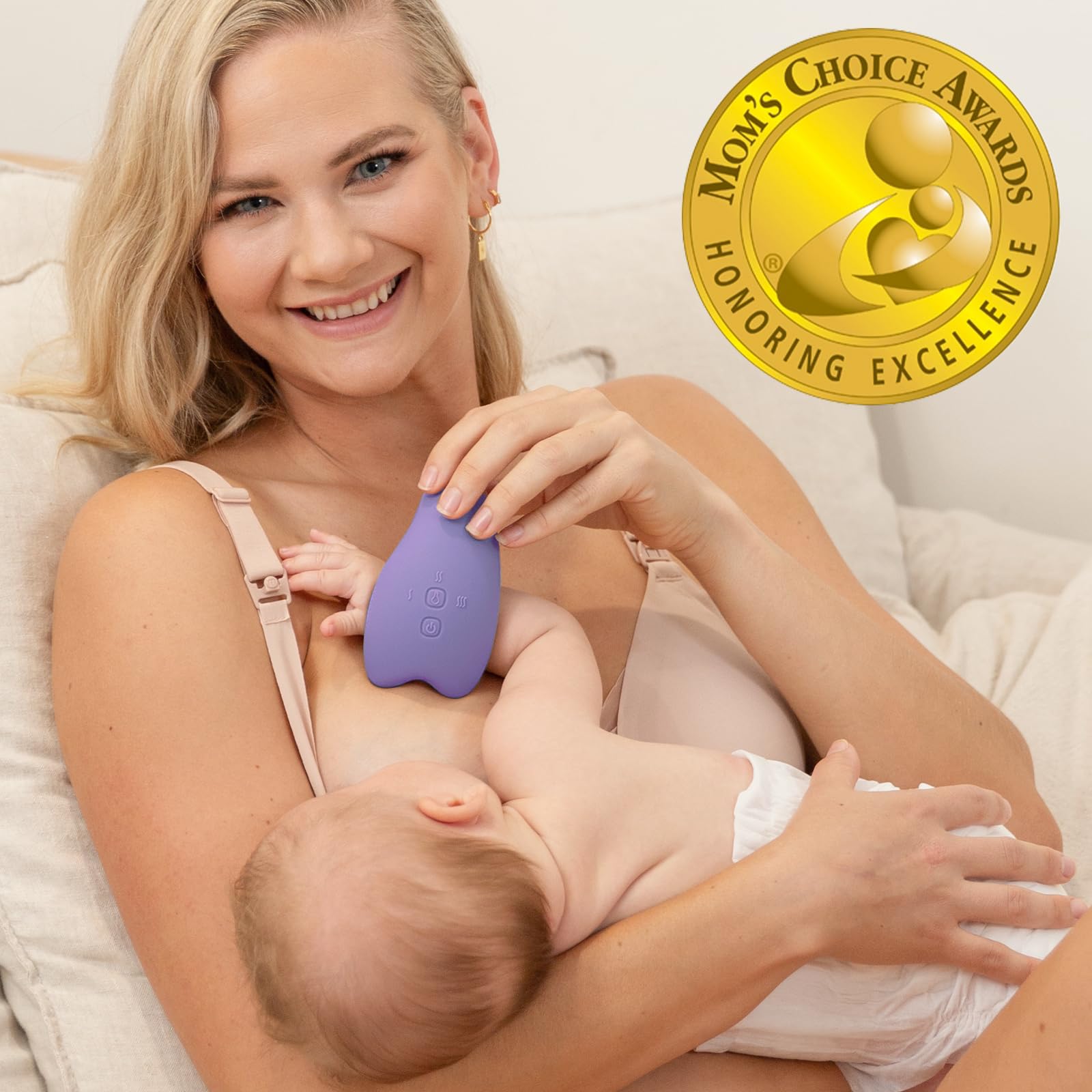 Momcozy warming lactation massager silicone pad close-up, skin-friendly material for comfortable sessions.