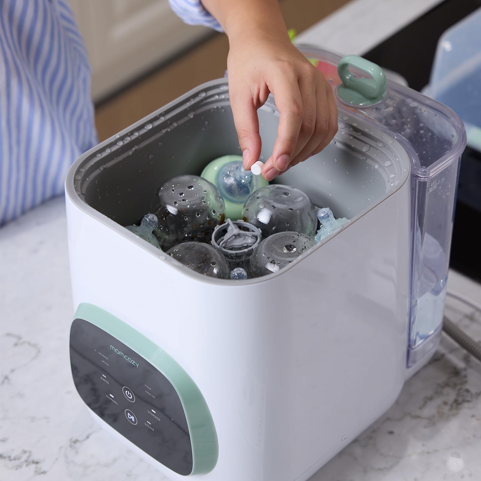 Momcozy Washing Block 120 tablets box enables easy bottle care.