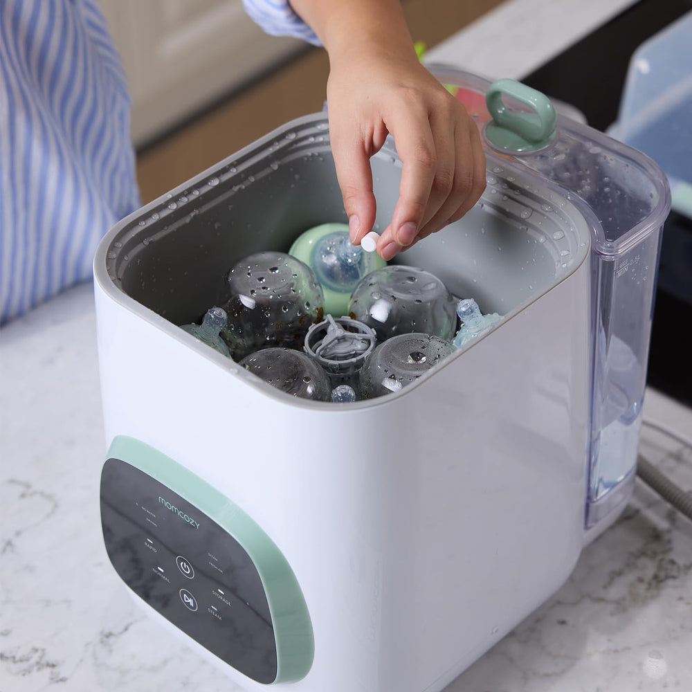 Momcozy Washing Block 120 tablets box enables easy bottle care.