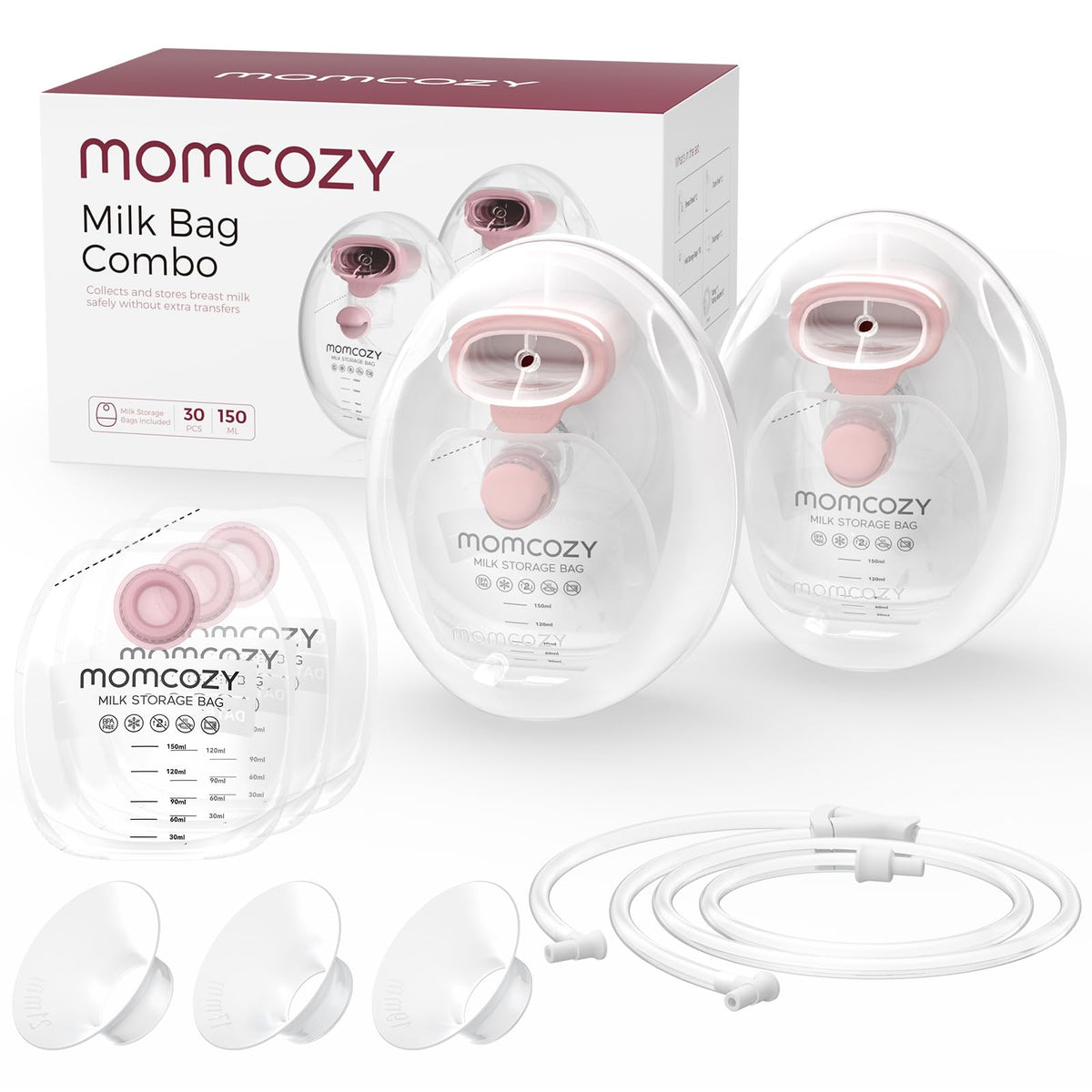Momcozy wearable milk collection cups used with a compatible pump for hands-free pumping.