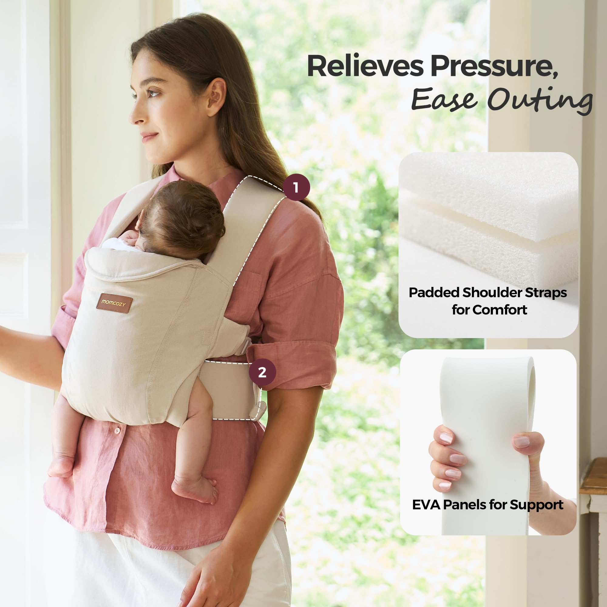 Momcozy WeeSnug easy-on-off strap system simplifies getting baby in and out.