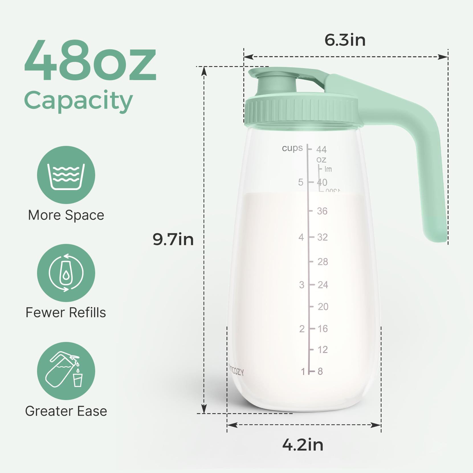 Momcozy wide-mouth pouring pitcher highlighting easy pouring and cleaning