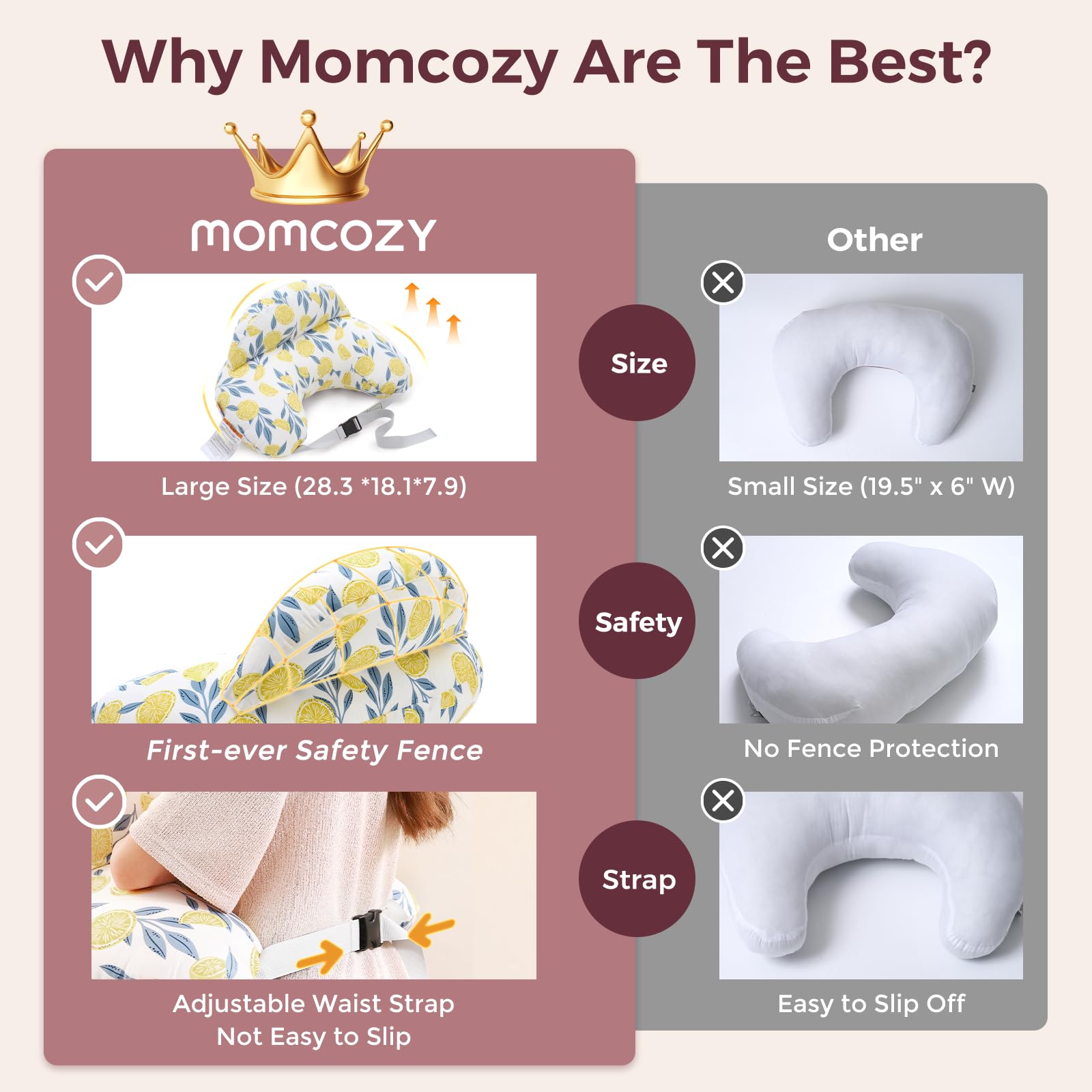 Momcozy widened side support pillow enhances arm comfort for long nursing sessions.