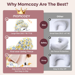 Momcozy widened side support pillow enhances arm comfort for long nursing sessions.
