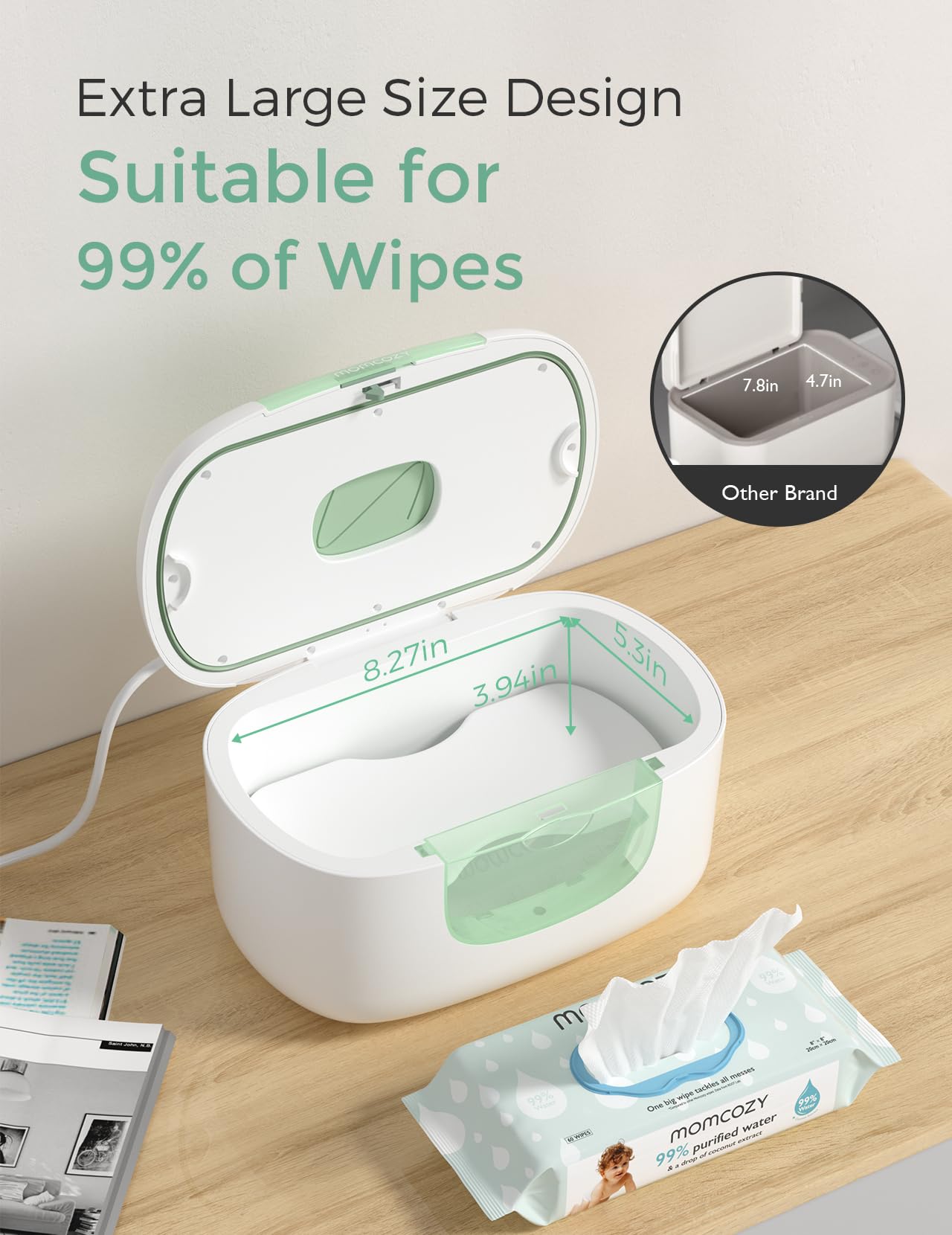 Momcozy wipe warmer heats in 10 minutes for quick diaper changes