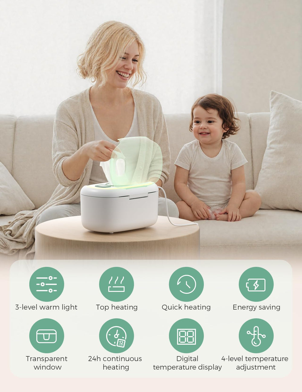 Momcozy wipe warmer capacity indicator showing 60-80 wipes