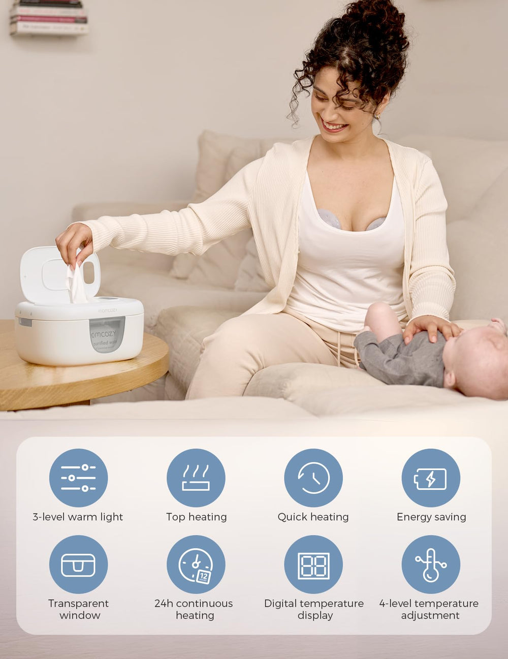 Momcozy wipe warmer blue top-heat design maintains warmth