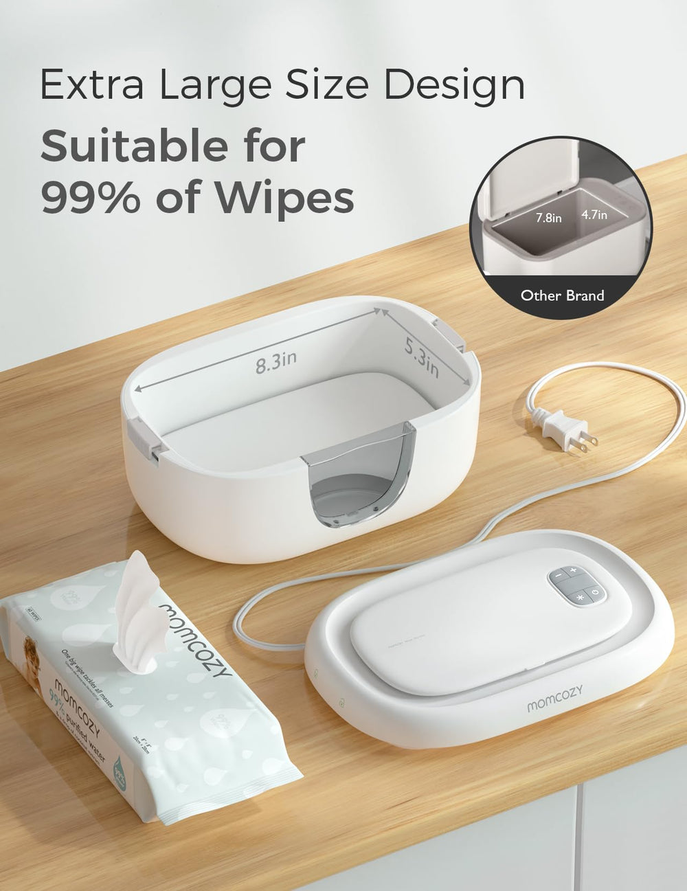 Momcozy refill-friendly dispenser accepts full packs without unpacking.