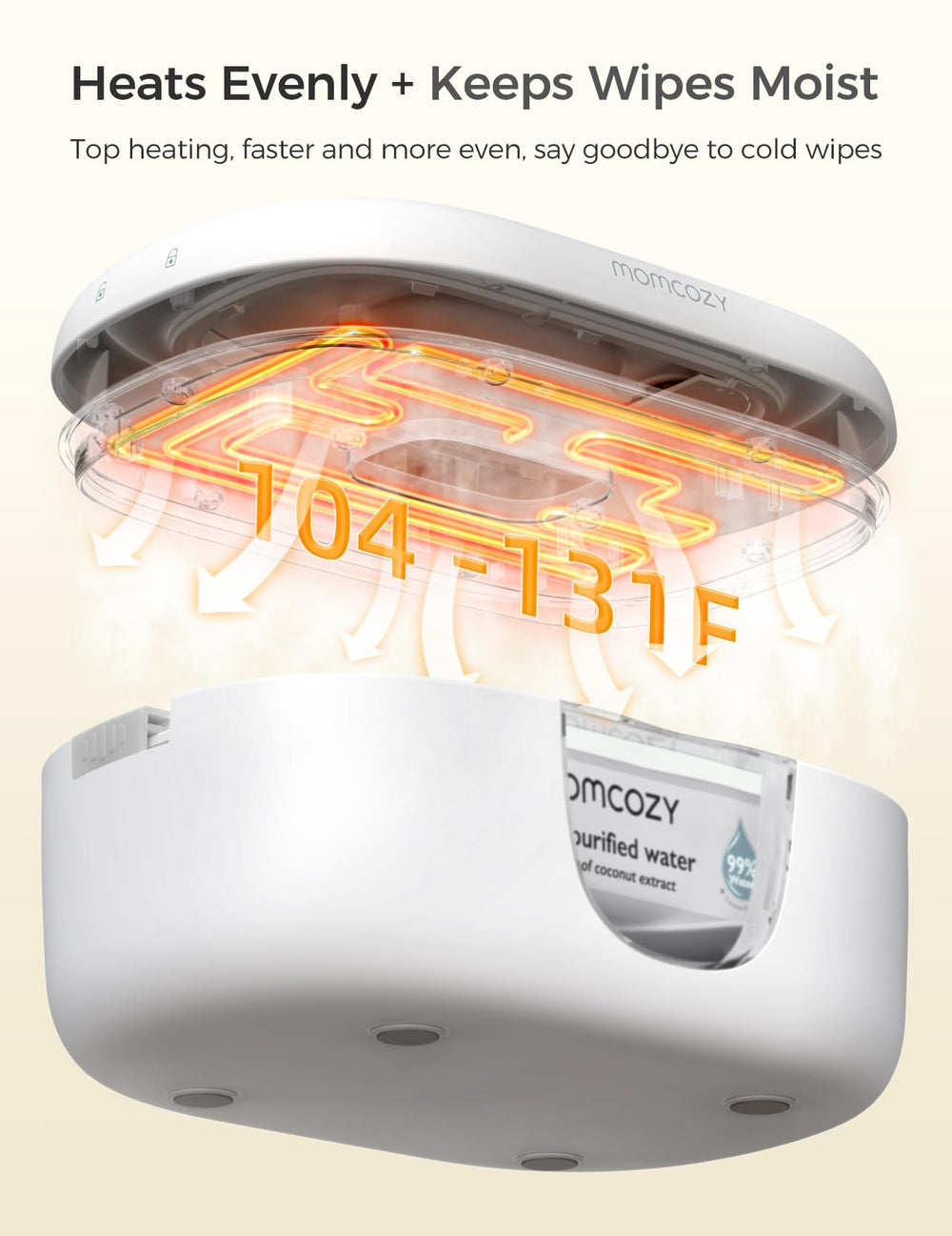 Momcozy wipe warmer shows four temperature levels for customizable warmth.