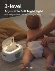 Momcozy wipe warmer near night light illuminates diaper changes softly.