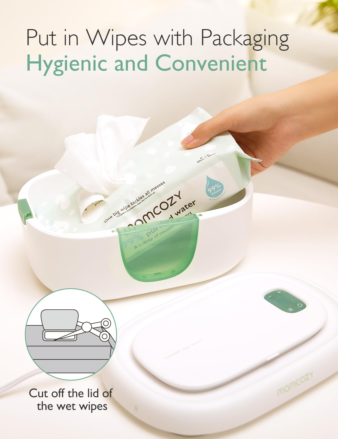 Momcozy Wipe Warmer fits most wipe packs for quick setup.