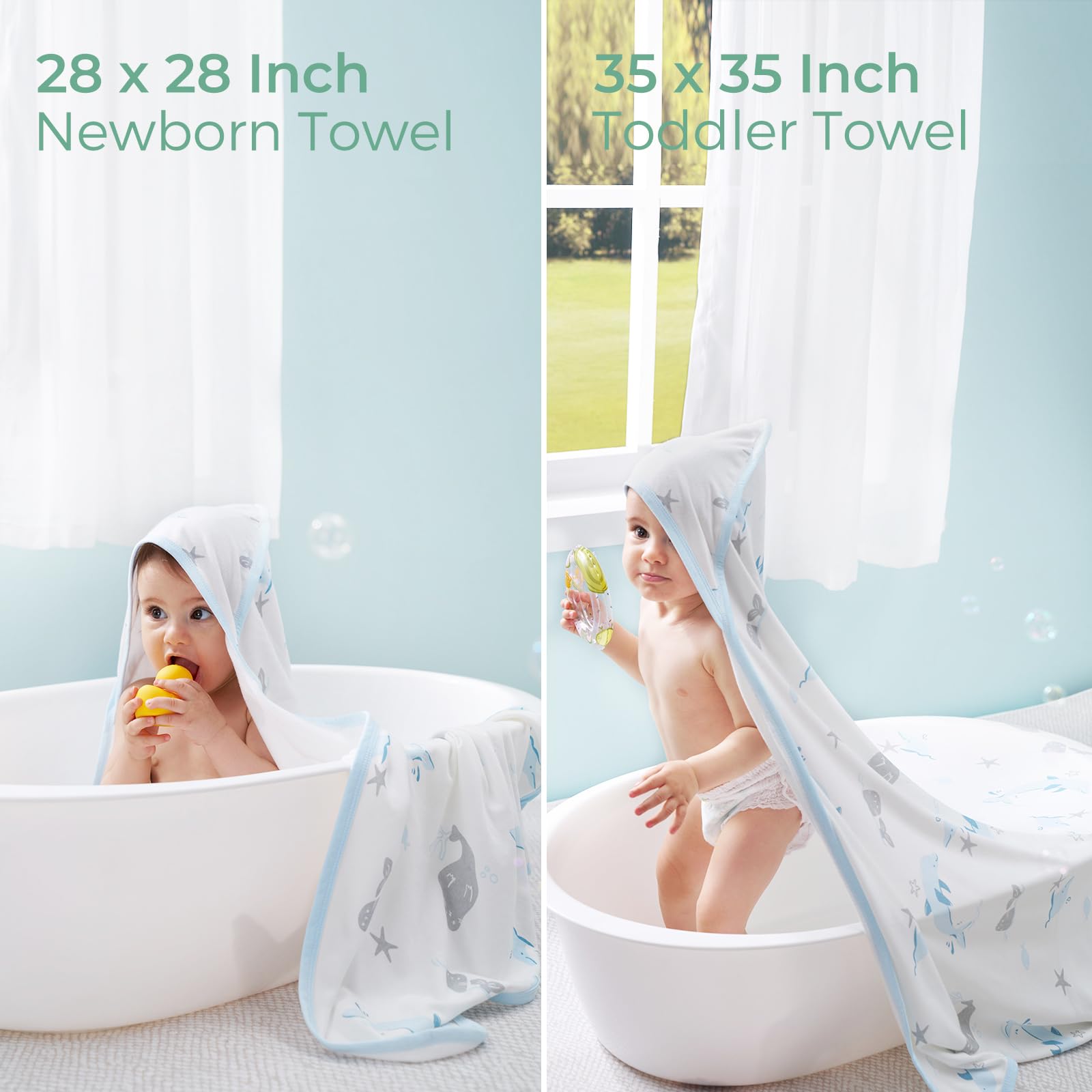 Momcozy wrap-around towel keeping baby snug after bath.