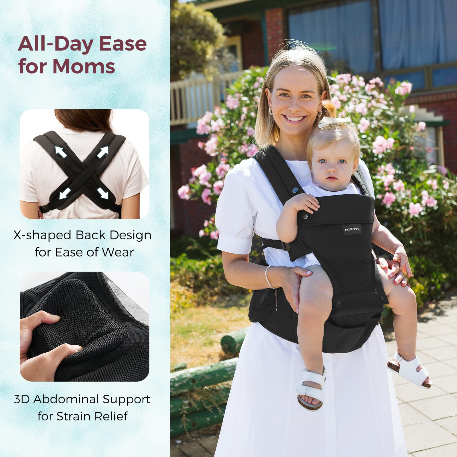 Momcozy X-structure design enables one-person wearing and quick adjustments.