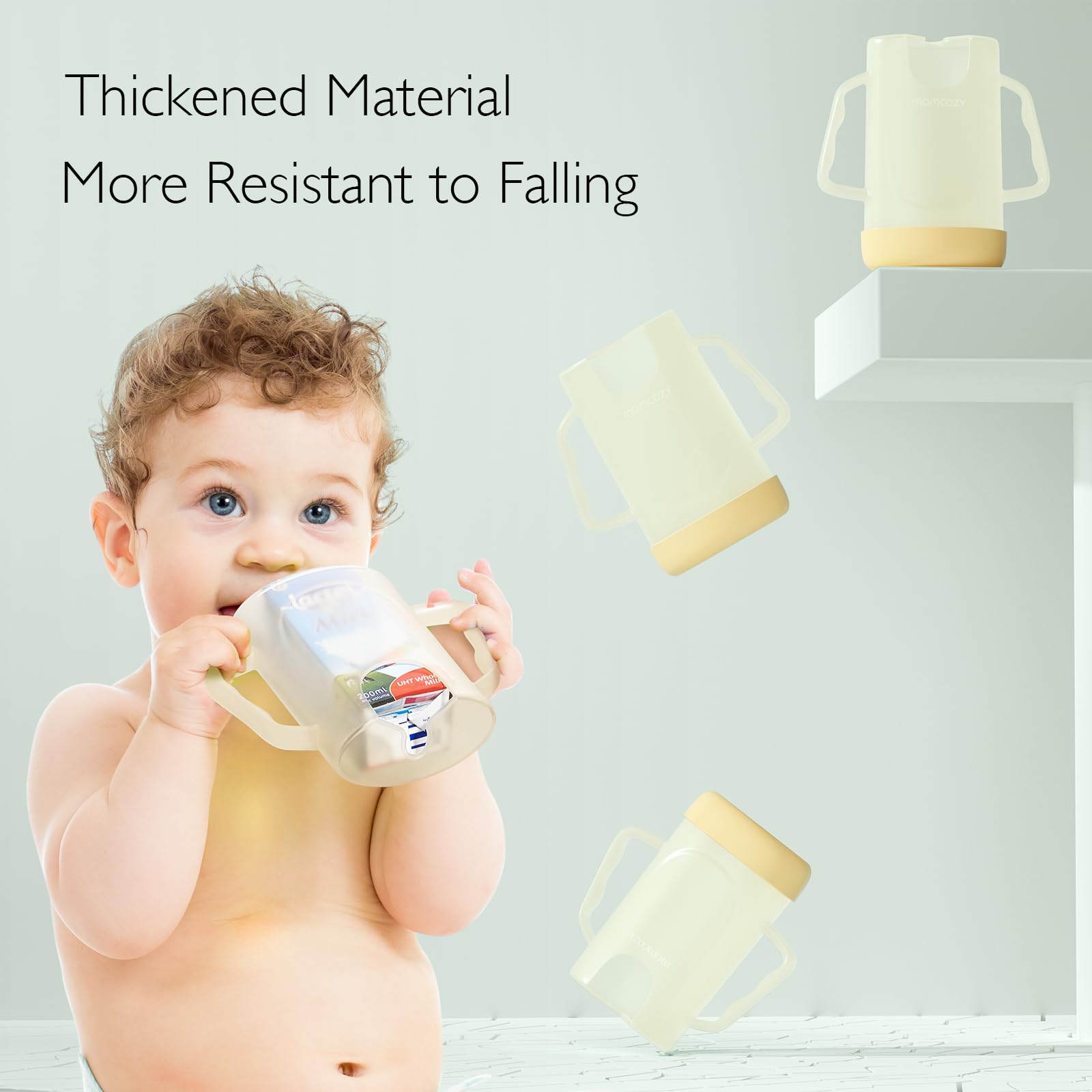 Momcozy yellow no-squeeze holder simplifies self-feeding and mess prevention.