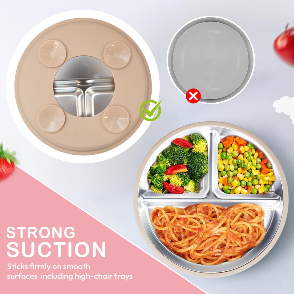 Momera baby bowl with suction base minimizes spills during self-feeding.