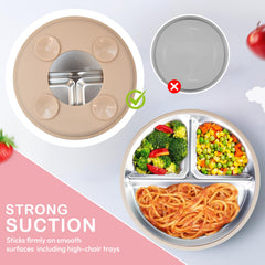 Momera baby bowl with suction base minimizes spills during self-feeding.
