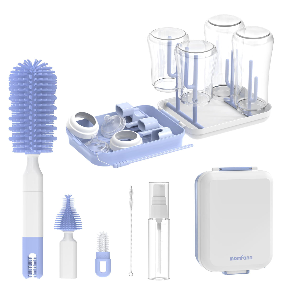 Momfann 8-in-1 bottle brush set with silicone bristles for gentle, scratch-free cleaning