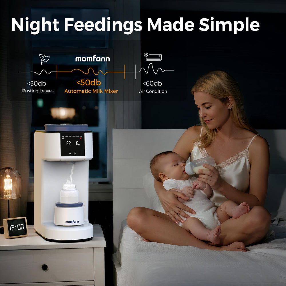 MomFANN unit dispensing formula into a bottle for quick feeds.