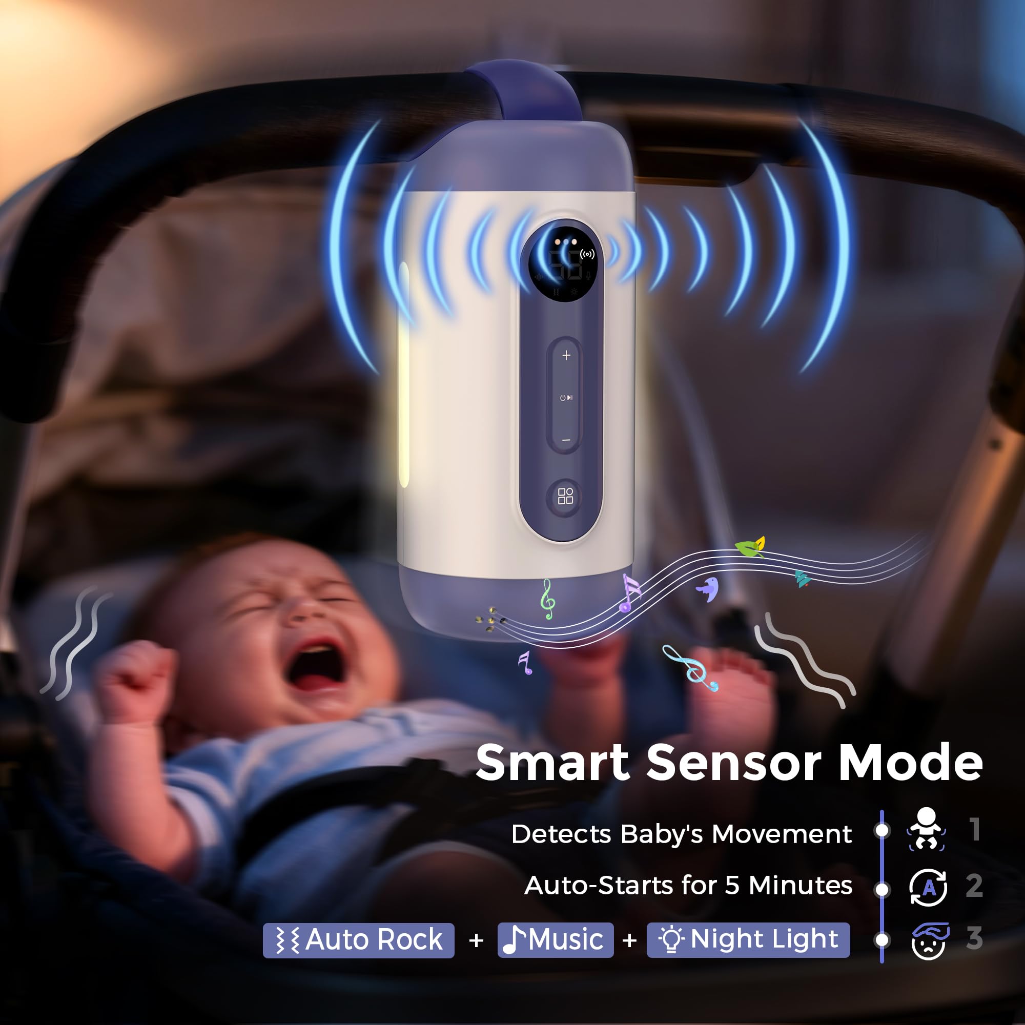 Momfann fits strollers and car seats for versatile soothing.