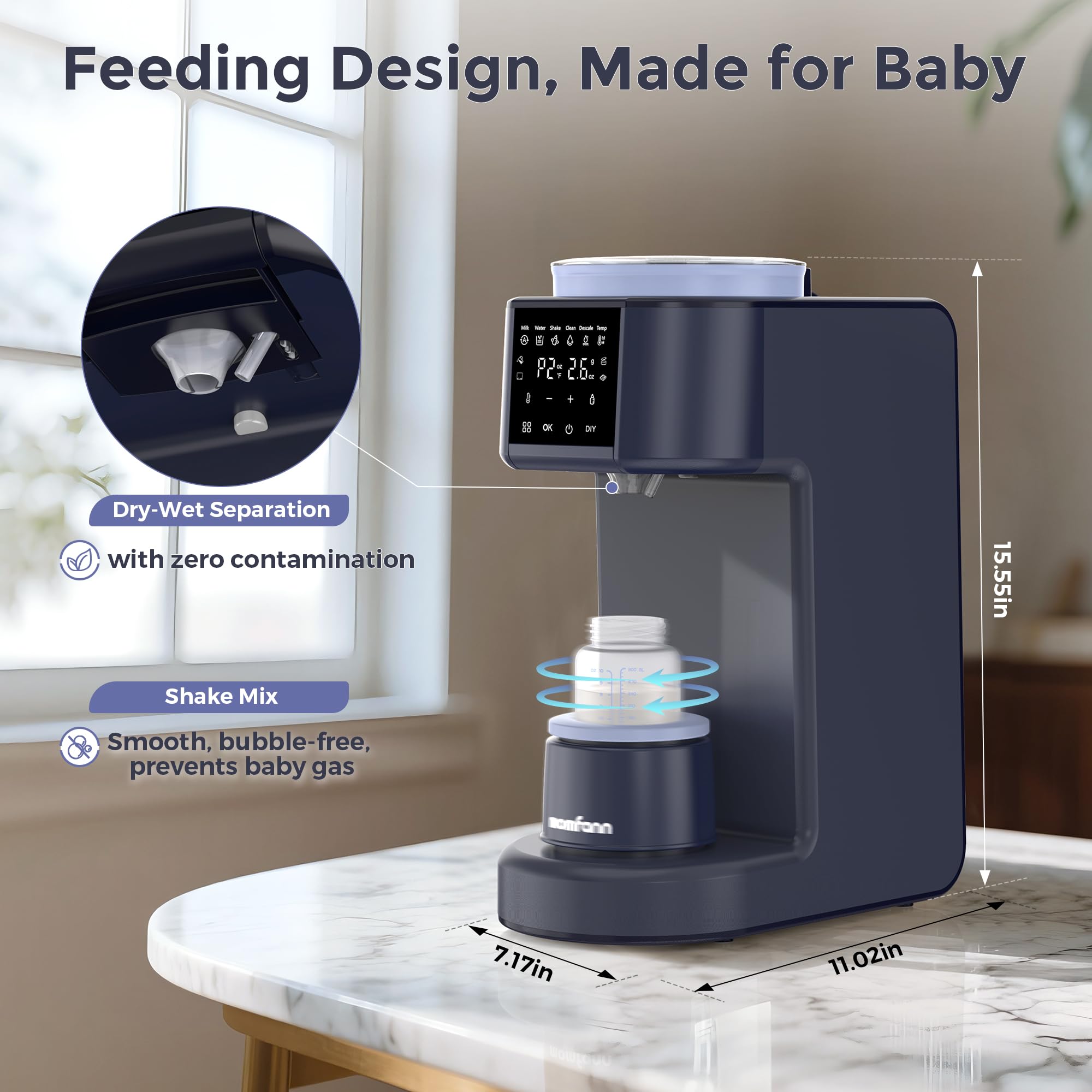 MOMFANN auto-clean and descaling alerts ensure hygiene.