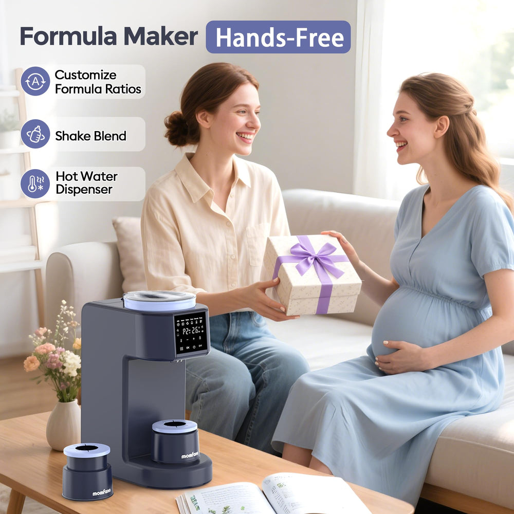 MOMFANN formula dispenser in action pouring for speedy feeding.