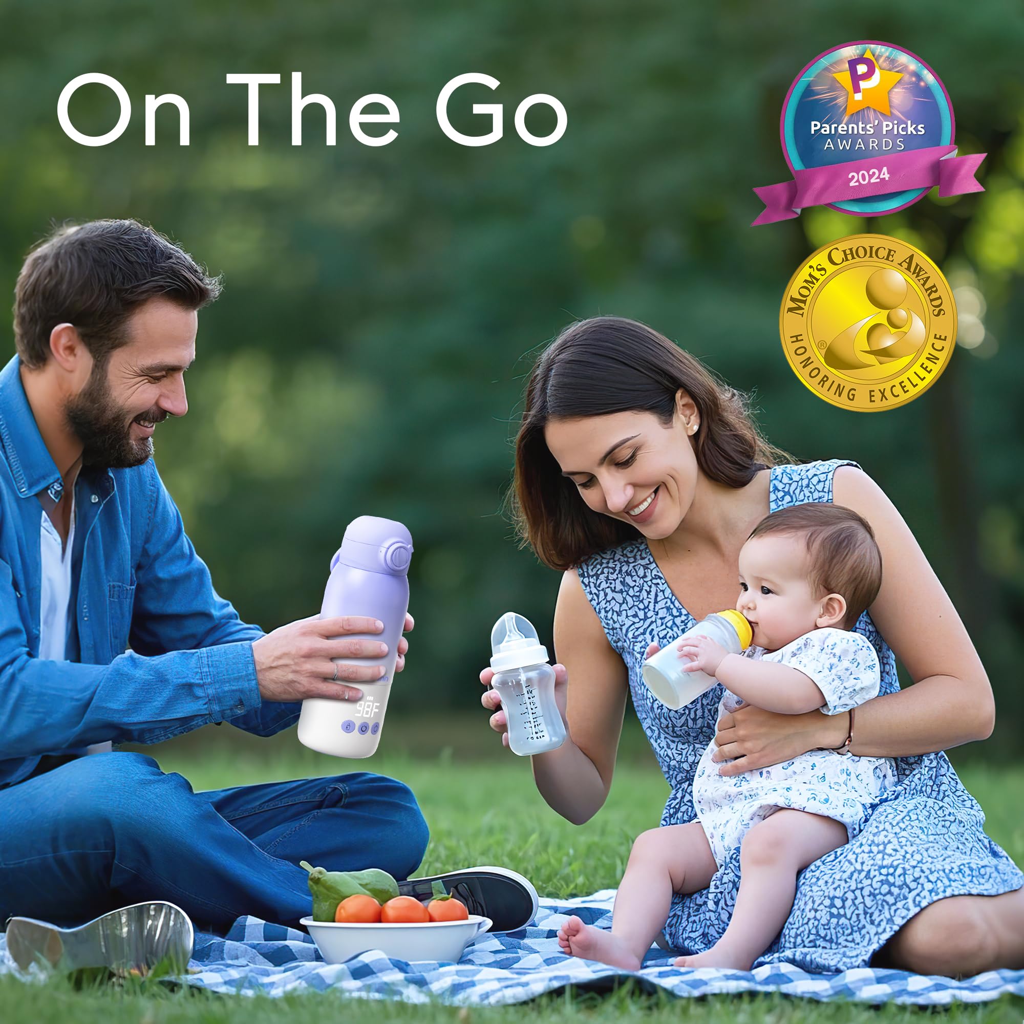 MOMFANN portable warmer in use with a baby bottle for on-the-go feeding.