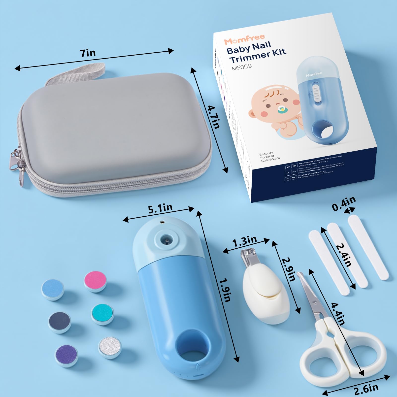 Momfree travel-ready nail kit shown in protective storage case.