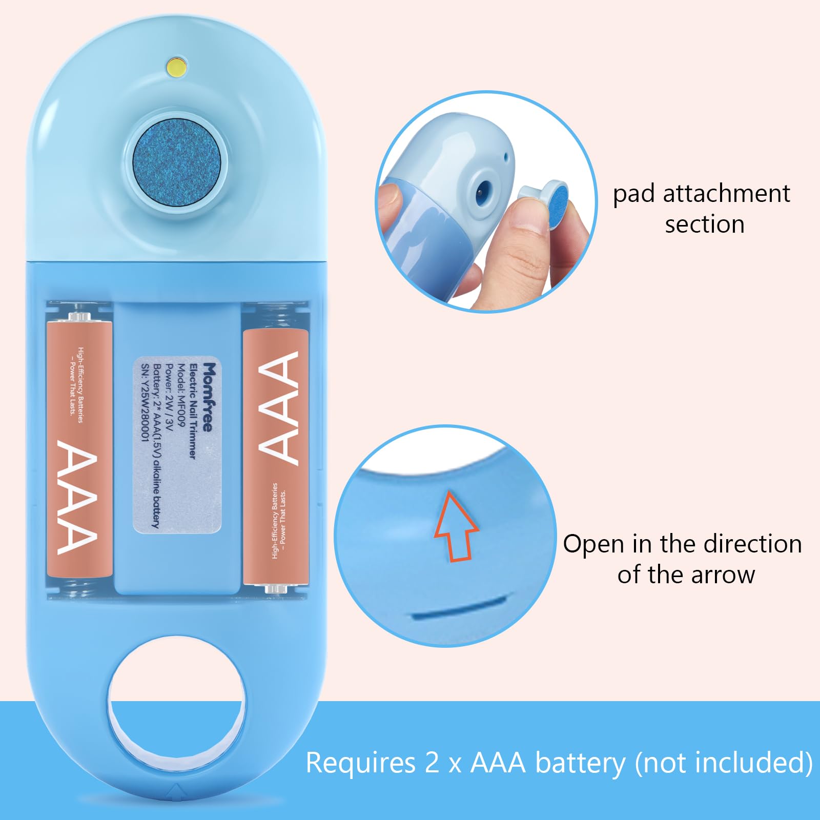 Momfree requires two AAA batteries for portable use.