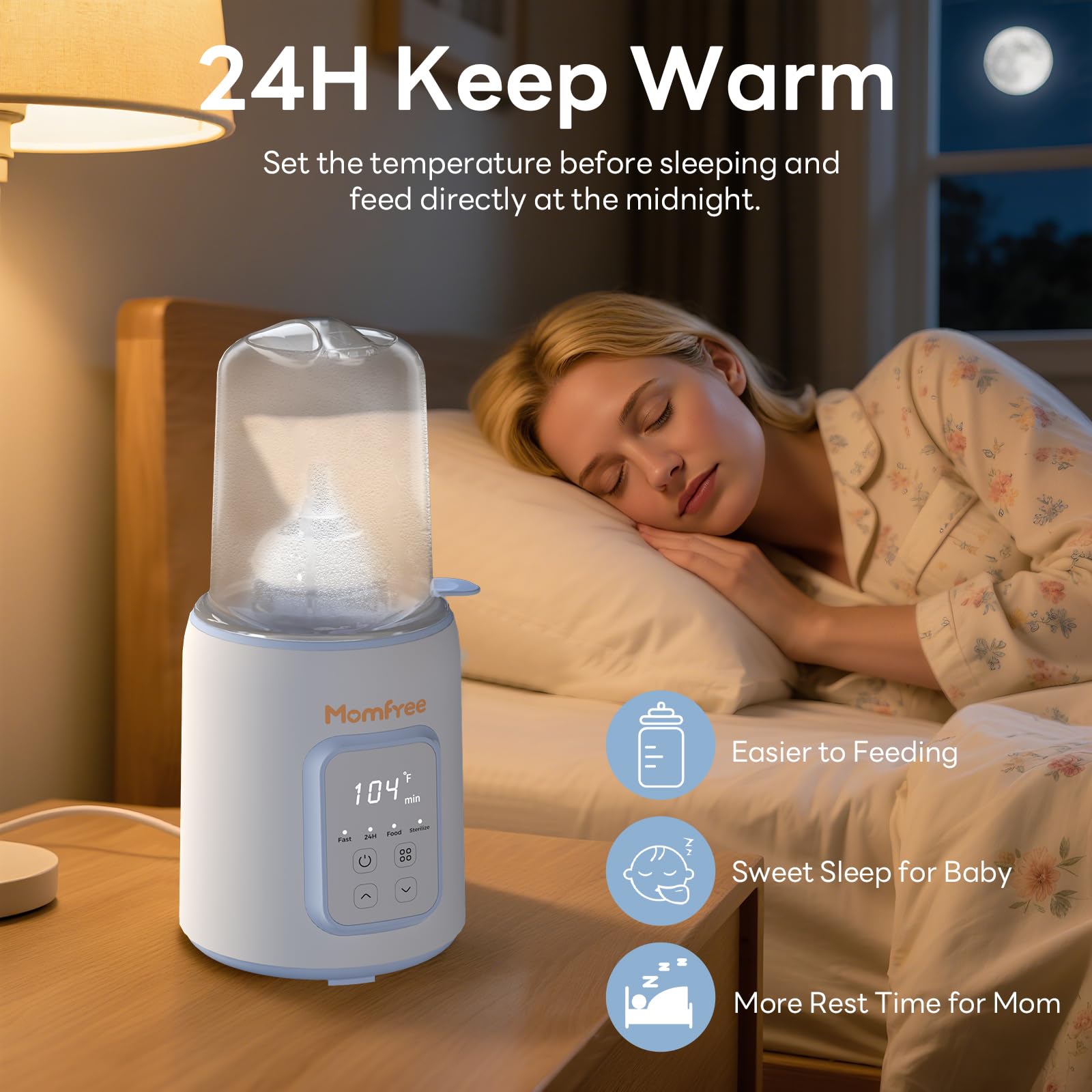 Momfree keep-warm maintains milk temperature for longer night feeds.