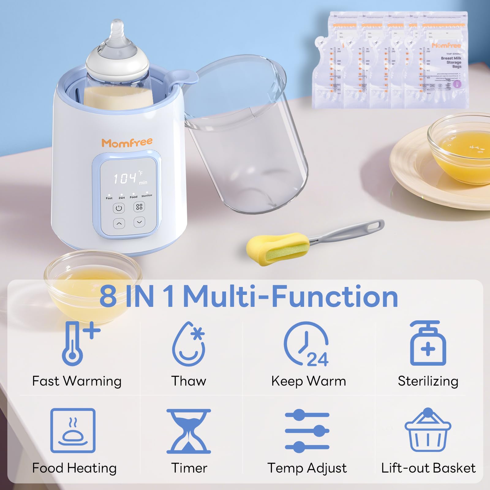 Momfree lift-out basket allows easy cleaning and bottle access.