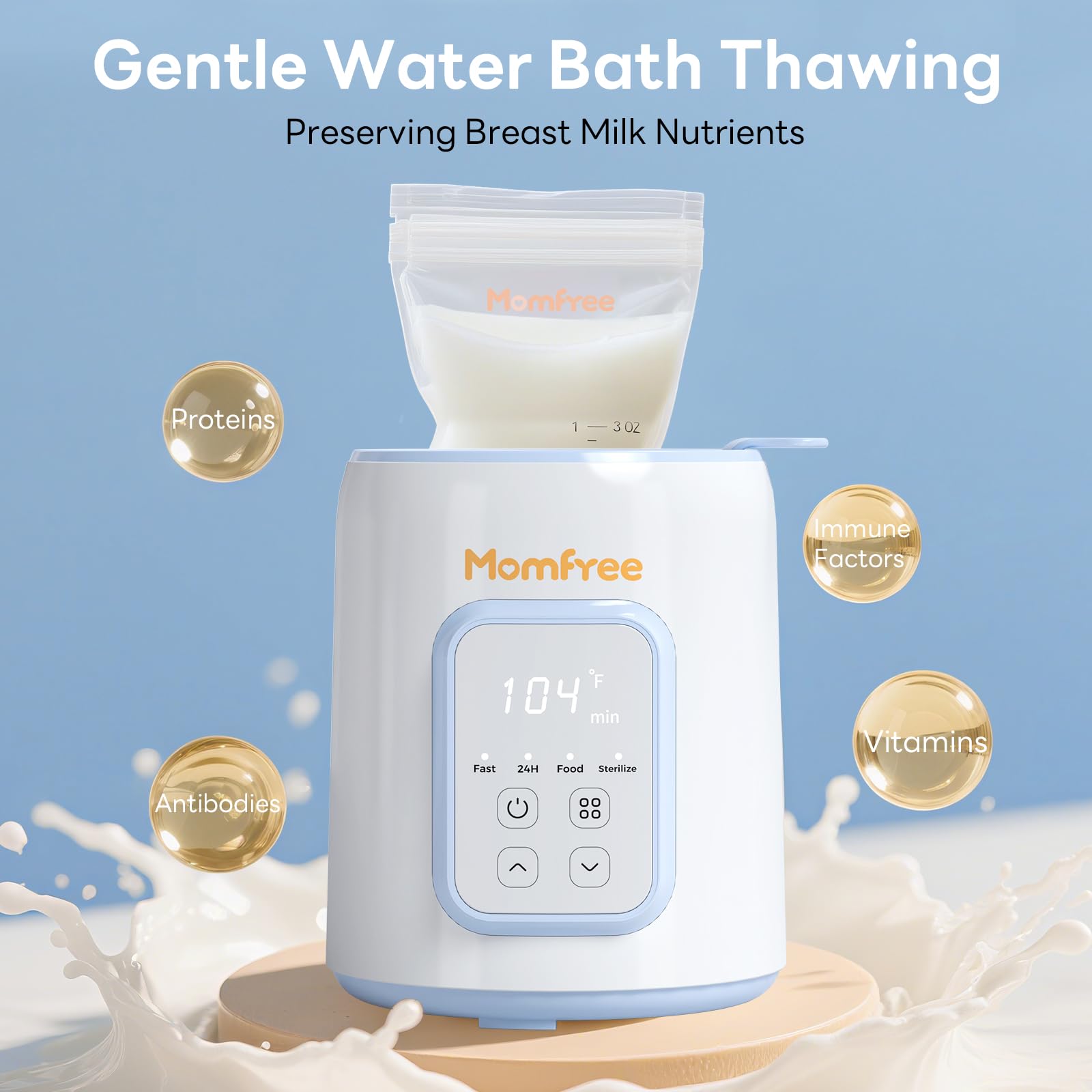 Momfree steaming function gently heats baby food with even warmth.