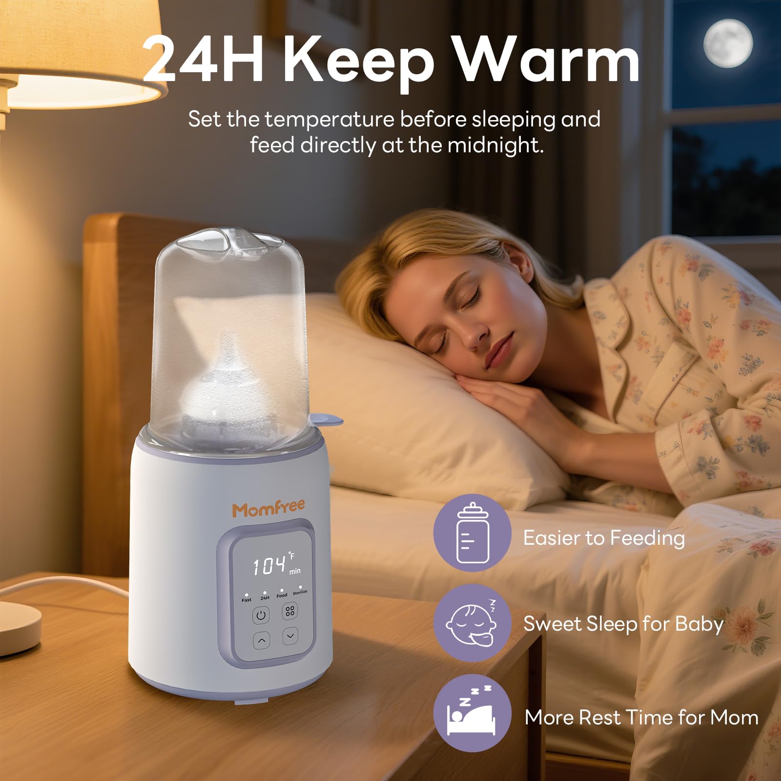 Momfree keep-warm function maintains warmth for 24 hours on standby.