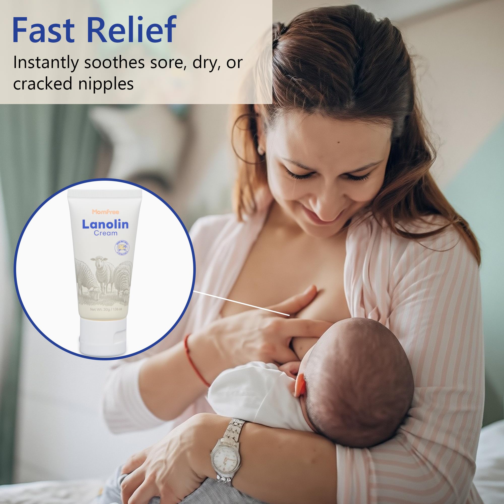 Momfree lanolin nipple cream showing 100% natural formula.
