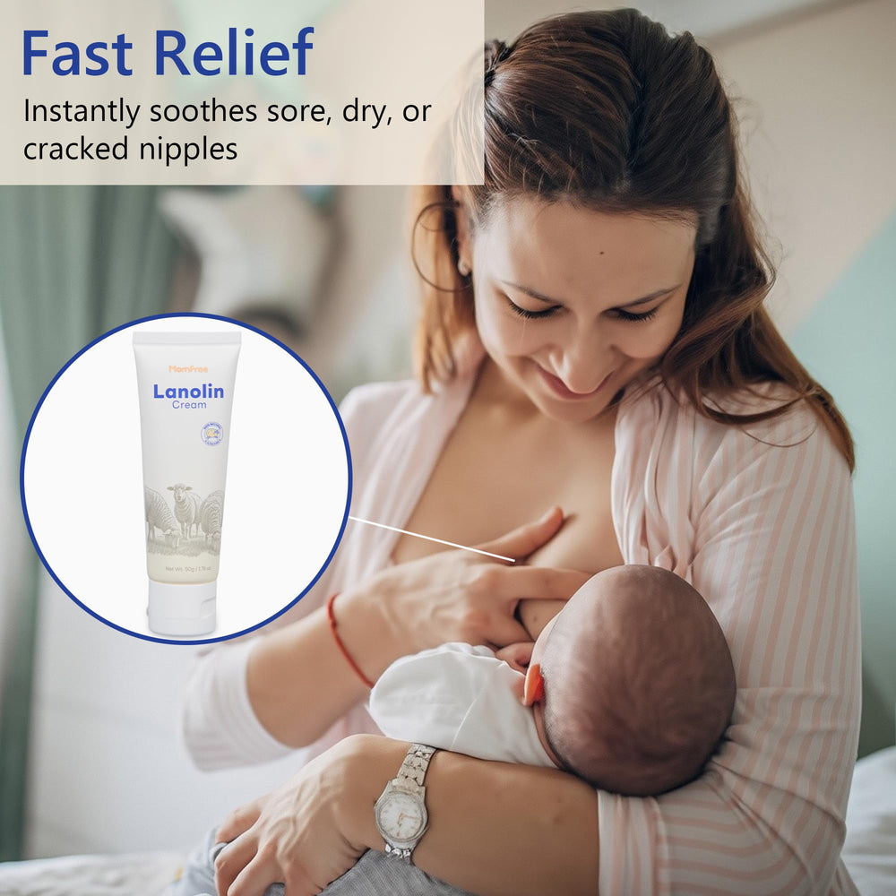 Momfree nipple cream application on nipple areola for gentle relief during feeds.